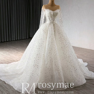 Long Sleeve Sparkly High Back Wedding Dress with Detachable Skirt - Rosymae