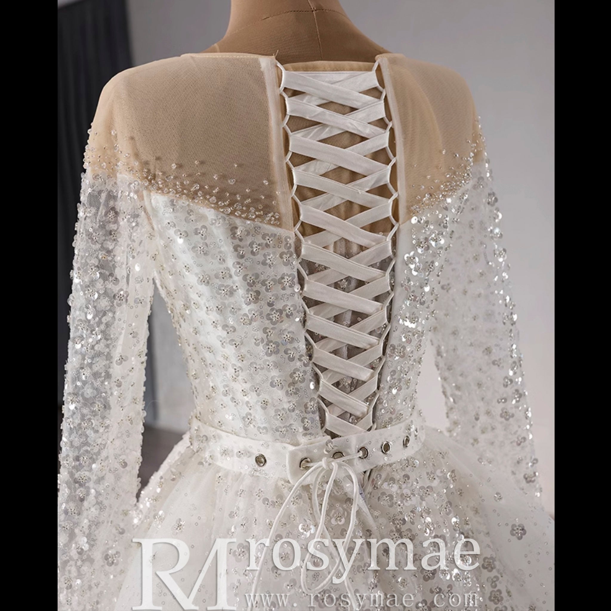 Long Sleeve Sparkly High Back Wedding Dress with Detachable Skirt - Rosymae