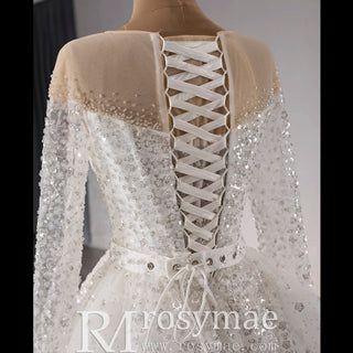 Long Sleeve Sparkly High Back Wedding Dress with Detachable Skirt - Rosymae
