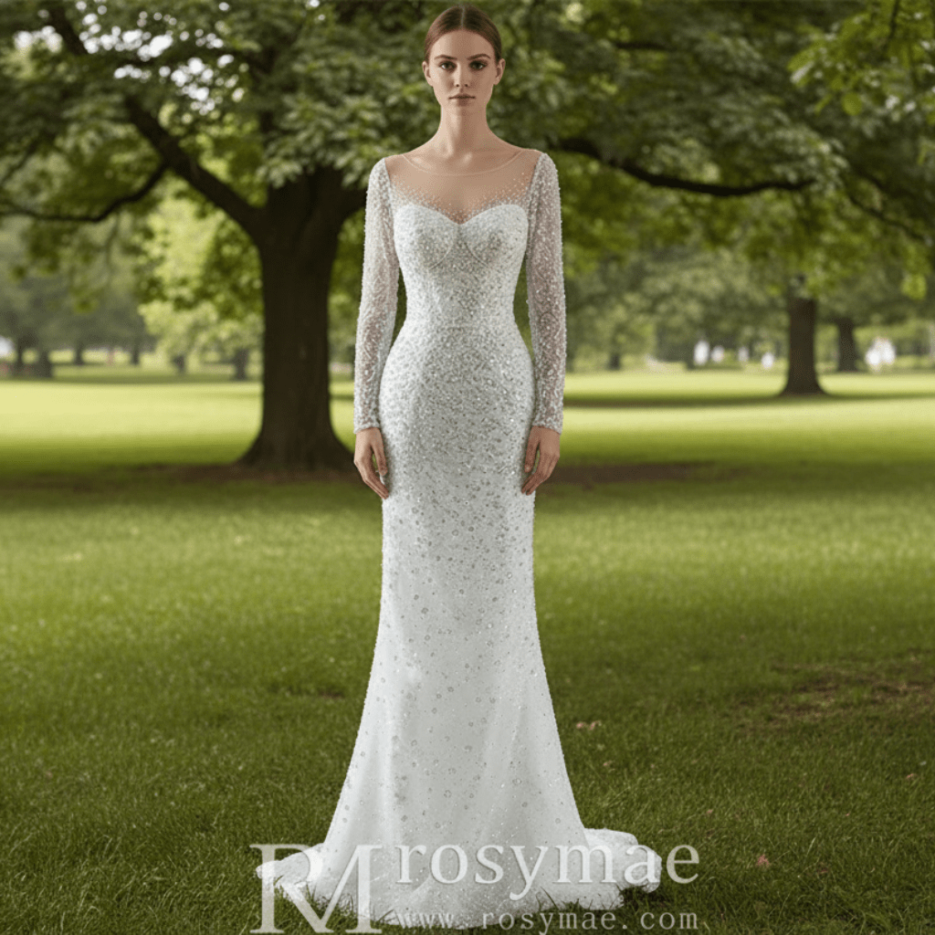Long Sleeve Sparkly High Back Wedding Dress with Detachable Skirt - Rosymae