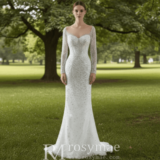 Long Sleeve Sparkly High Back Wedding Dress with Detachable Skirt - Rosymae