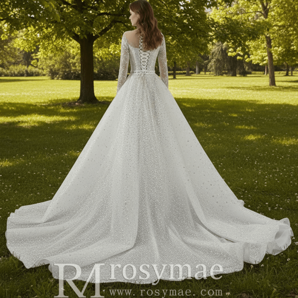 Long Sleeve Sparkly High Back Wedding Dress with Detachable Skirt - Rosymae