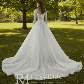 Long Sleeve Sparkly High Back Wedding Dress with Detachable Skirt - Rosymae