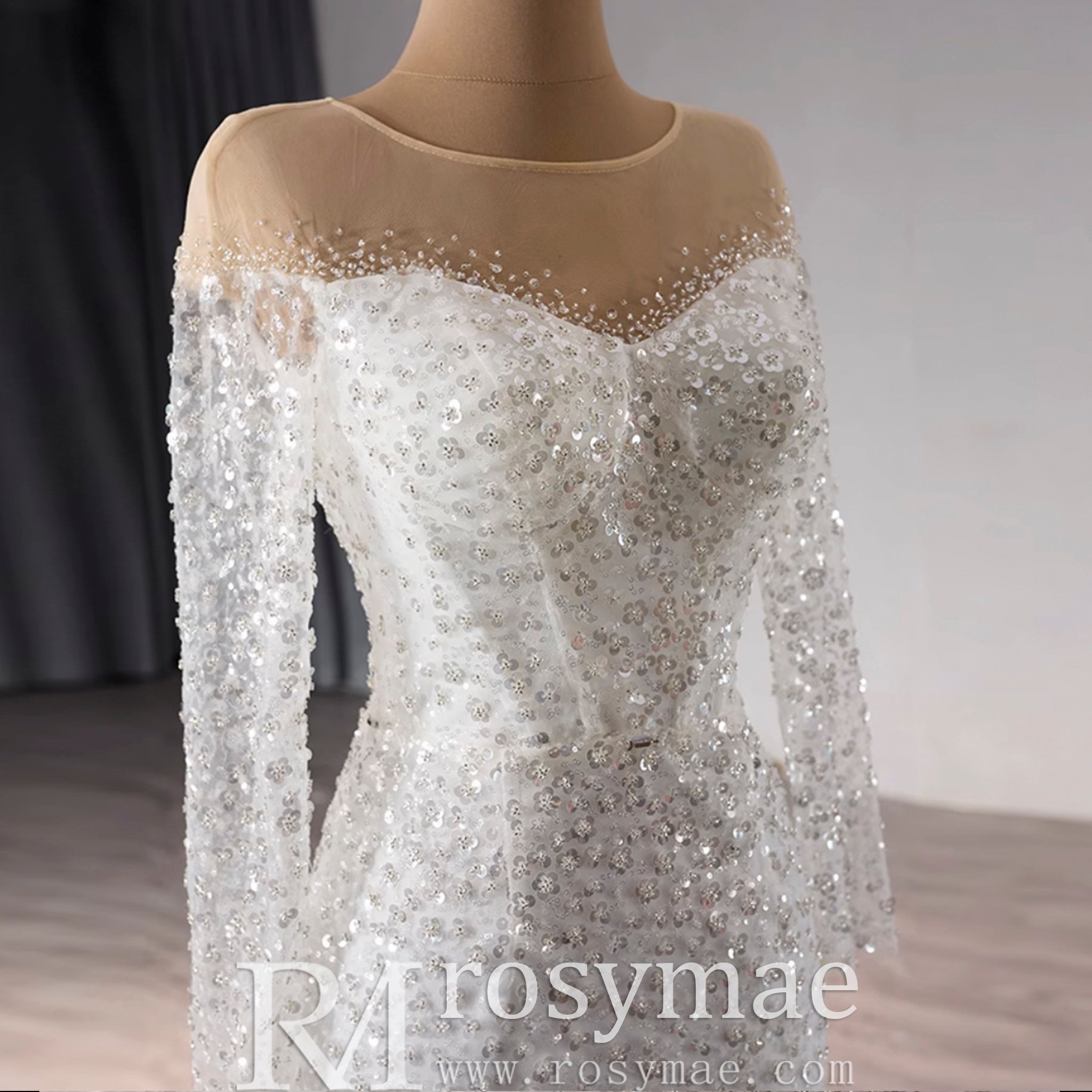 Long Sleeve Sparkly High Back Wedding Dress with Detachable Skirt - Rosymae