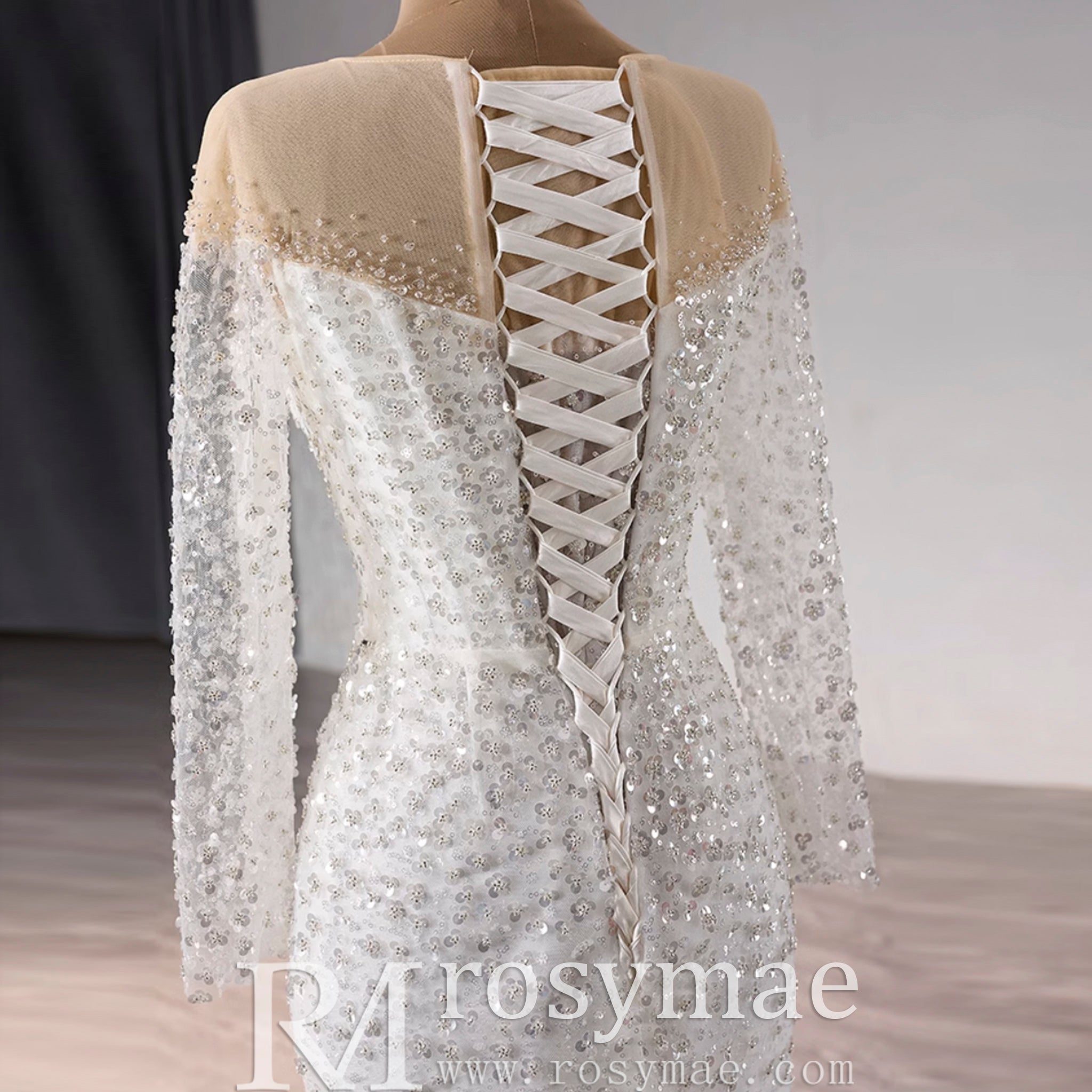Long Sleeve Sparkly High Back Wedding Dress with Detachable Skirt - Rosymae