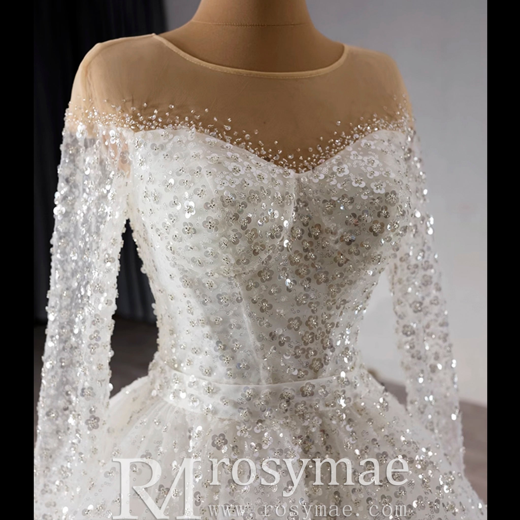 Long Sleeve Sparkly High Back Wedding Dress with Detachable Skirt - Rosymae