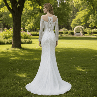 Long Sleeve Sparkly High Back Wedding Dress with Detachable Skirt - Rosymae
