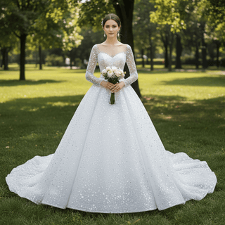 Long Sleeve Sparkly High Back Wedding Dress with Detachable Skirt - Rosymae