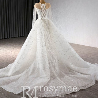 Long Sleeve Sparkly High Back Wedding Dress with Detachable Skirt - Rosymae