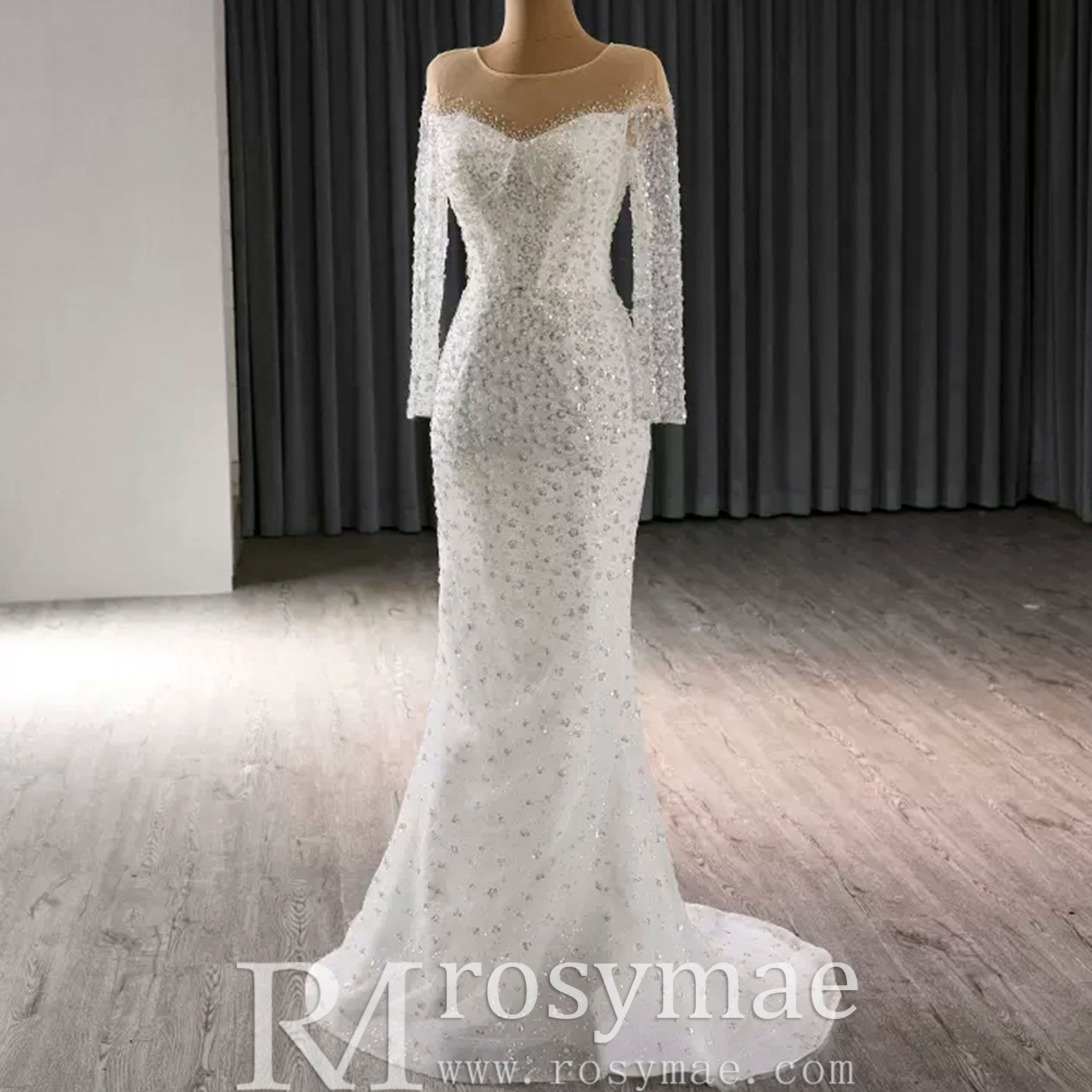 Long Sleeve Sparkly High Back Wedding Dress with Detachable Skirt - Rosymae