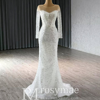 Long Sleeve Sparkly High Back Wedding Dress with Detachable Skirt - Rosymae
