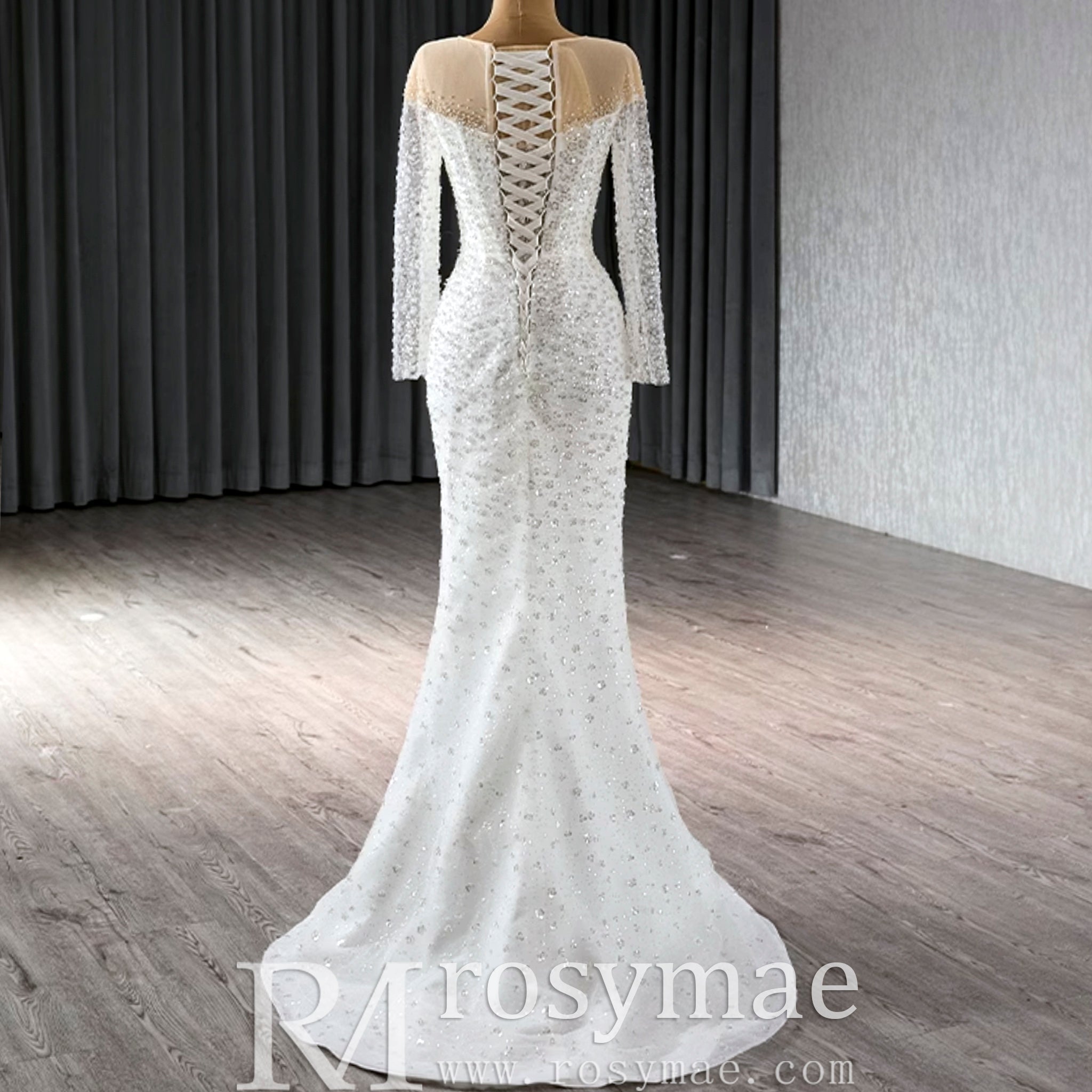 Long Sleeve Sparkly High Back Wedding Dress with Detachable Skirt - Rosymae