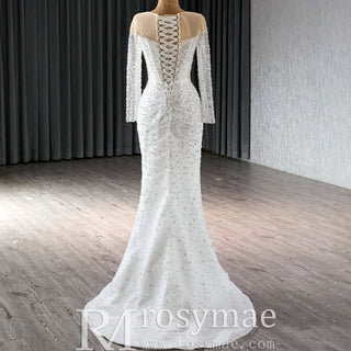 Long Sleeve Sparkly High Back Wedding Dress with Detachable Skirt - Rosymae