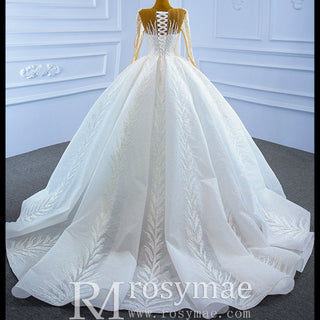 Long Sleeve Sparkly Lace Ball Gown Wedding Dress - Rosymae