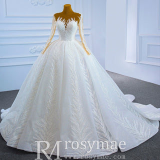 Long Sleeve Sparkly Lace Ball Gown Wedding Dress - Rosymae