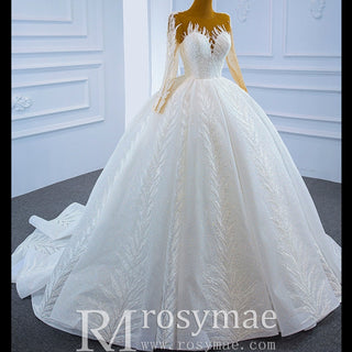 Long Sleeve Sparkly Lace Ball Gown Wedding Dress - Rosymae