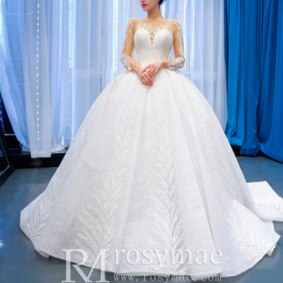 Long Sleeve Sparkly Lace Ball Gown Wedding Dress - Rosymae