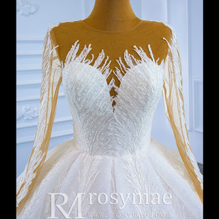 Long Sleeve Sparkly Lace Ball Gown Wedding Dress - Rosymae