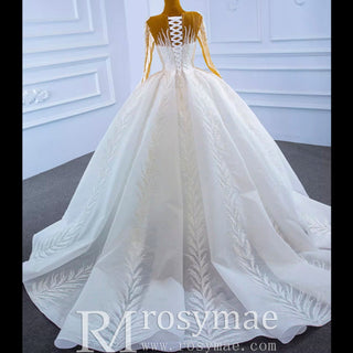 Long Sleeve Sparkly Lace Ball Gown Wedding Dress - Rosymae