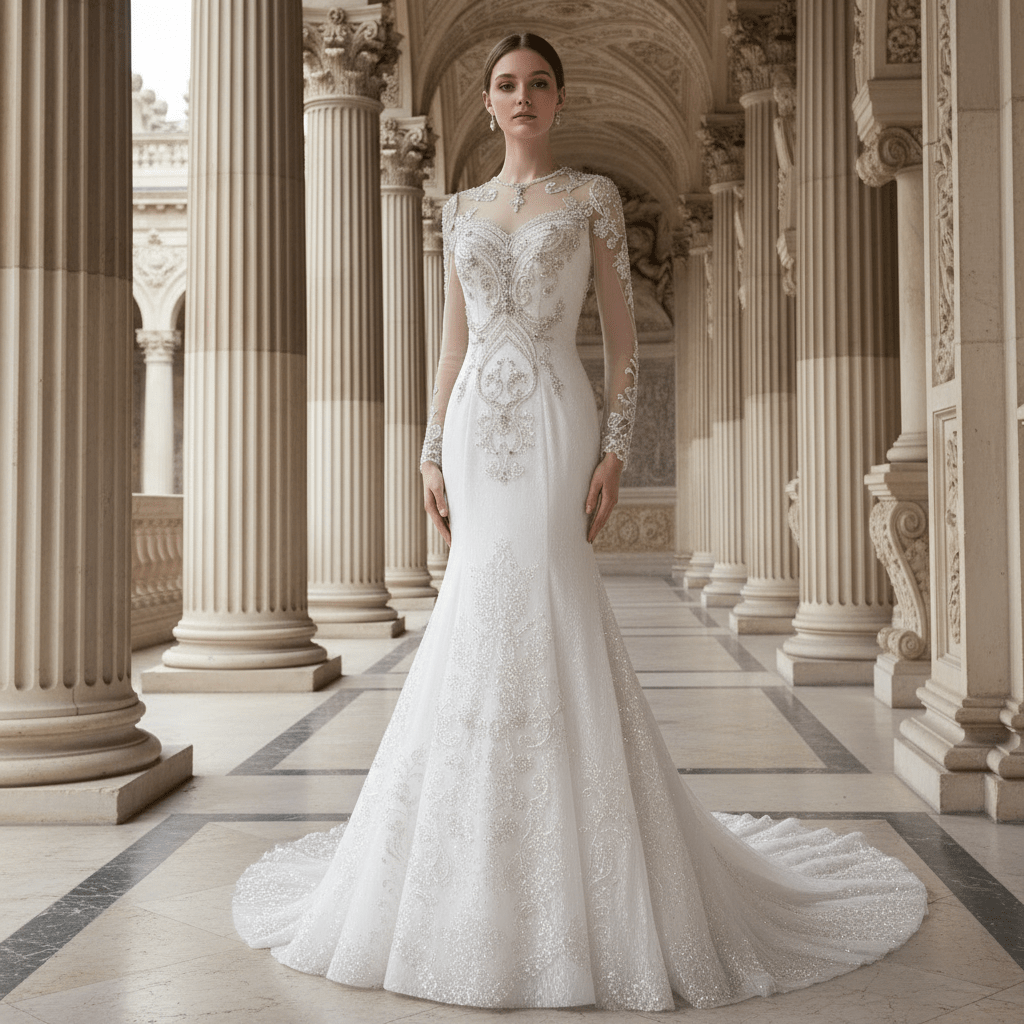 Long Sleeve Sparkly Mermaid Wedding Dress with Train