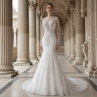 Long Sleeve Sparkly Mermaid Wedding Dress with Train