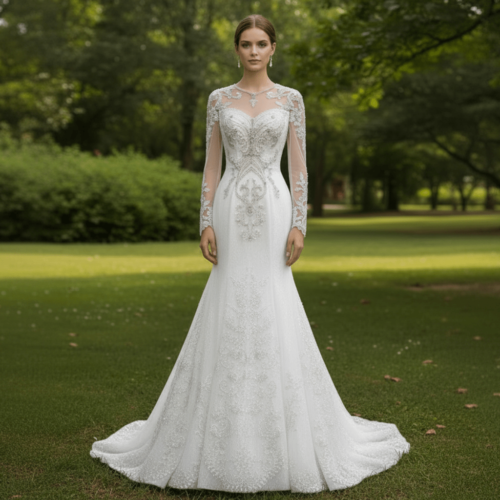 Long Sleeve Sparkly Mermaid Wedding Dress with Train