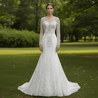 Long Sleeve Sparkly Mermaid Wedding Dress with Train