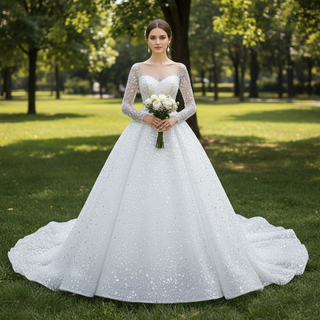 Long Sleeve Sparkly High Back Wedding Dress with Detachable Skirt