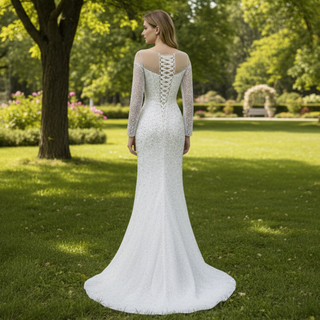 Long Sleeve Sparkly High Back Wedding Dress with Detachable Skirt