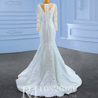 Long Sleeve Trumpet Embroidery Lace Wedding Dress - Rosymae