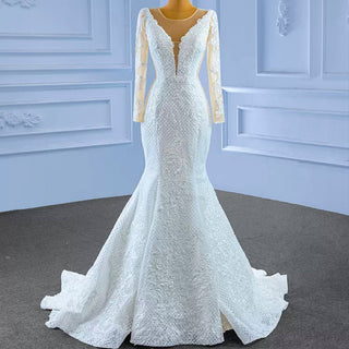 Long Sleeve Trumpet Embroidery Lace Wedding Dress - Rosymae