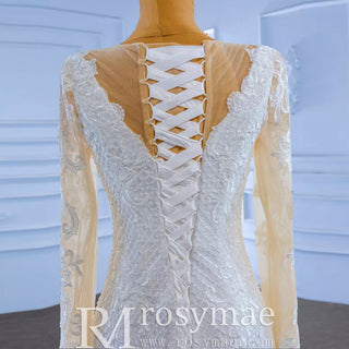 Long Sleeve Trumpet Embroidery Lace Wedding Dress - Rosymae