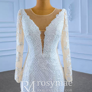 Long Sleeve Trumpet Embroidery Lace Wedding Dress - Rosymae