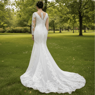 Long Sleeve Trumpet Embroidery Lace Wedding Dress - Rosymae