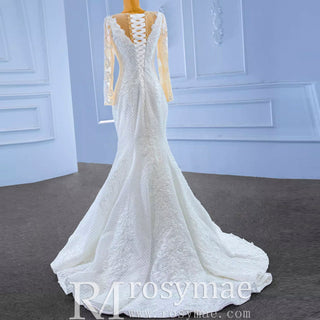 Long Sleeve Trumpet Embroidery Lace Wedding Dress - Rosymae