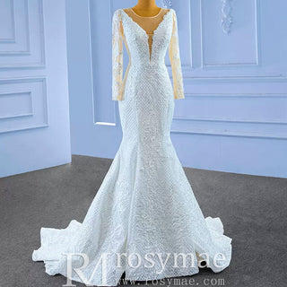 Long Sleeve Trumpet Embroidery Lace Wedding Dress - Rosymae
