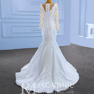 Long Sleeve Trumpet Embroidery Lace Wedding Dress - Rosymae