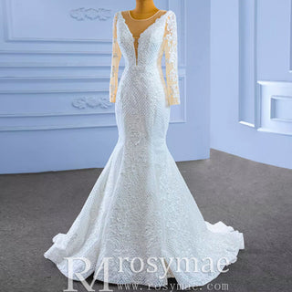 Long Sleeve Trumpet Embroidery Lace Wedding Dress - Rosymae