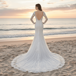 Long Sleeve Trumpet High Sheer Boat Neck Lace Wedding Dress - Rosymae