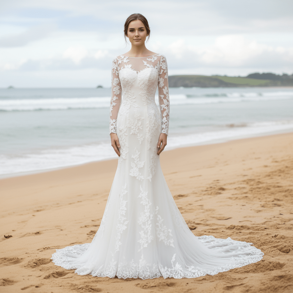 Long Sleeve Trumpet High Sheer Boat Neck Lace Wedding Dress - Rosymae