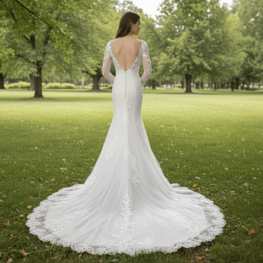 Long Sleeve Trumpet High Sheer Boat Neck Lace Wedding Dress - Rosymae