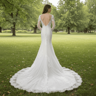 Long Sleeve Trumpet High Sheer Boat Neck Lace Wedding Dress - Rosymae