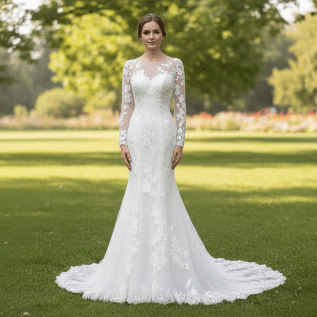 Long Sleeve Trumpet High Sheer Boat Neck Lace Wedding Dress - Rosymae