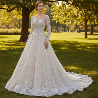 Robe de mariée élégante en dentelle scintillante à manches longues avec col en V