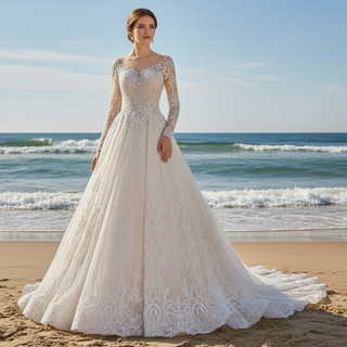 Elegant Long Sleeve Sparkly Lace Wedding Dress with Vneck