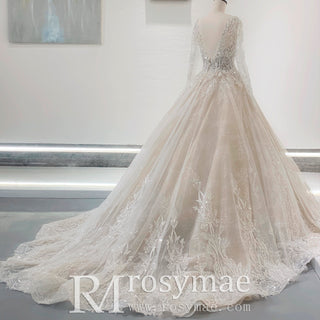 Elegant Long Sleeve Sparkly Lace Wedding Dress with Vneck