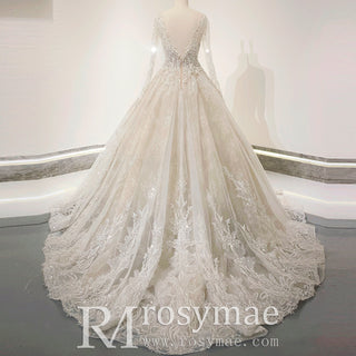 Elegant Long Sleeve Sparkly Lace Wedding Dress with Vneck