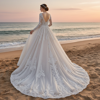 Elegant Long Sleeve Sparkly Lace Wedding Dress with Vneck