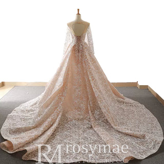 Champagne Mermaid Lace Long Sleeve Keyhole Wedding Dress