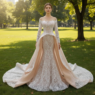 Champagne Mermaid Lace Long Sleeve Keyhole Wedding Dress